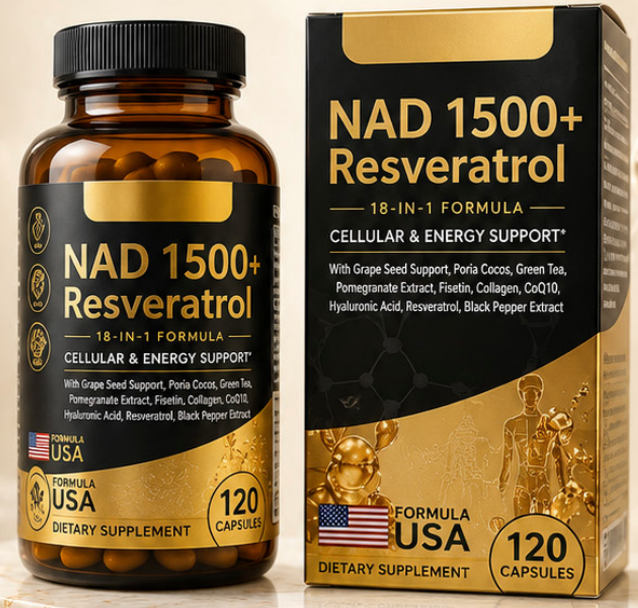NAD 1500+ Resveratrol – Complejo Bioactivo de Longevidad y Energia Celular (Formula 18-en-1, 120 Capsulas)