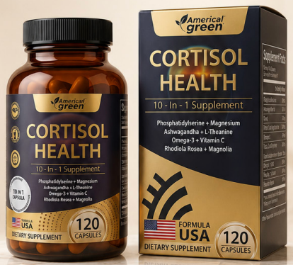 Cortisol Health – Complejo Regulador de Estres y Soporte Adrenal (Formula 10-en-1, Americal Green, 120 Capsulas)