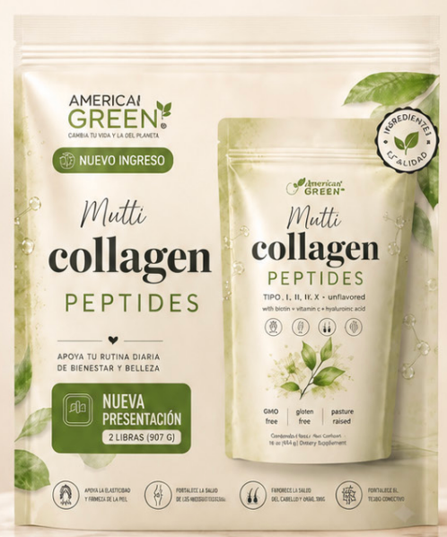 Multi Collagen Peptides – Peptidos de Multi-Colageno en Polvo (Tipos I, II, III, V, X + Biotina, Vitamina C y Acido Hialuronico, Americal Green, Doypack de 2 Libras / 907g)