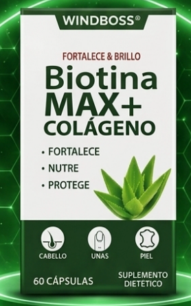 Windboss Biotina Max + Colageno con Aloe Vera – Suplemento Dietetico para Cabello, Uñas y Piel (60 Capsulas)