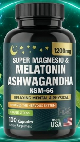 Super Magnesio & Melatonin con Ashwagandha KSM-66 – Suplemento de Relajación Mental y Física (1200 mg / 100 Cápsulas)