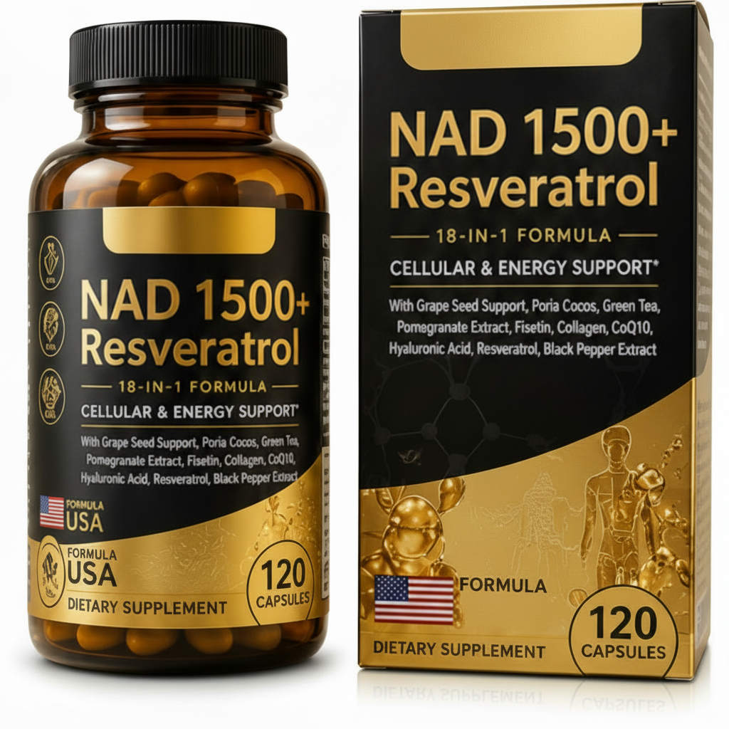 NAD 1500+ Resveratrol – Fondo blanco etiqueta visible