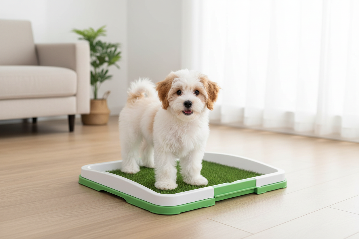 Perro usando baño portátil
